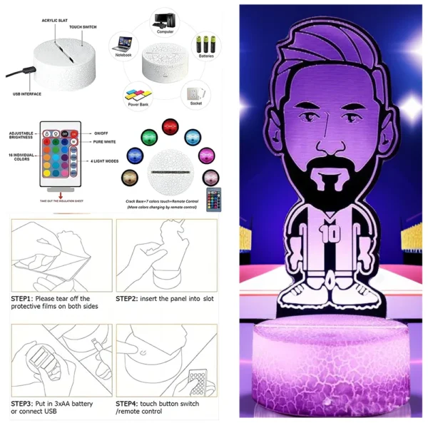 3D Lamp Illusion LED Night Light Football Character Messi Luminous Touch Child Nightlight Kids BedRoom Decor Table Lamps Gifts - Image 6
