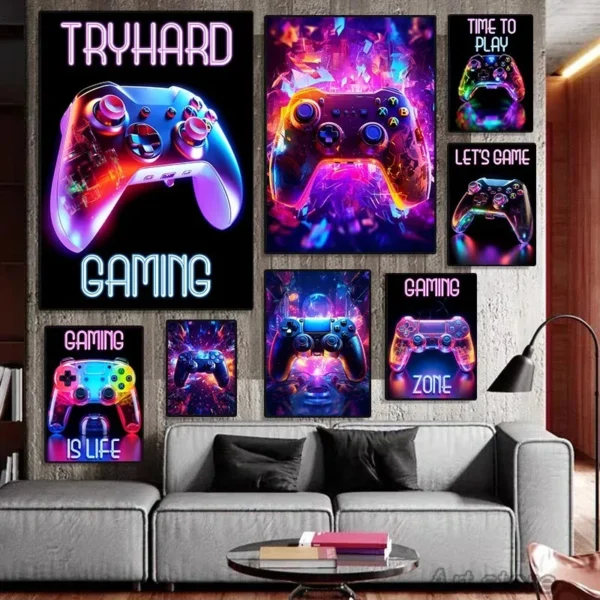 New Gamepad Gaming Posters and Prints Animal Cat Playing Game Prints Canvas Painting Home Boy Room Decor Wall Art Pictures