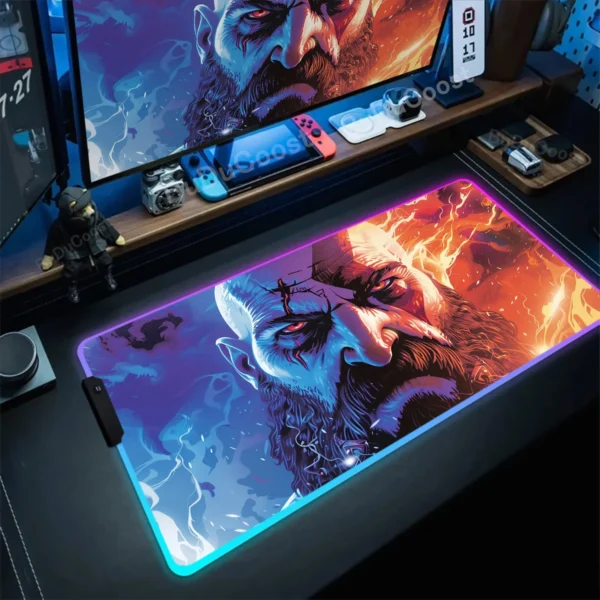 Gaming God Of War LED Backlight Mousepad Large Gamer RGB Keyboard Desk Mats Non-Slip Natural Rubber Carpet Xxl Glowing Mouse Pad