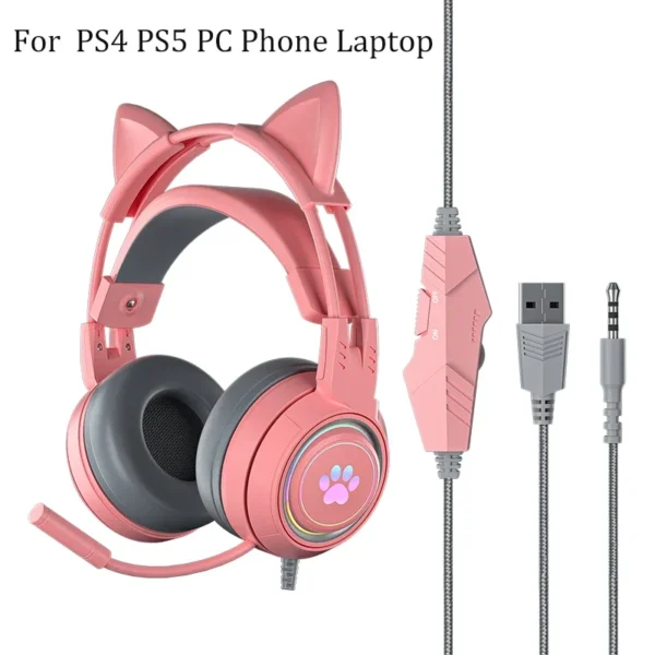 Cat Ears Headphones with Microphone For PS5 HiFi Stereo Bass Headset Gamer Girls RGB Black Pink Helmet for PC Laptop Phone Xbox - Image 2