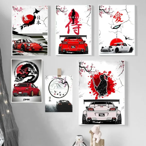 Japanese Samurai JDM Car GTR Anime Sun Canvas Poster Aesthetic Wall Art Mural for Home Decor Room Decoration and Gift