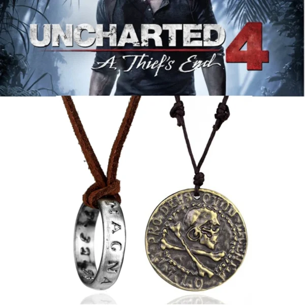 Game Uncharted 4 Ring Thief's End Nathan Drake Pendant Rings Long Short Chain Pirate Skull Coin Jewelry Fans Collection