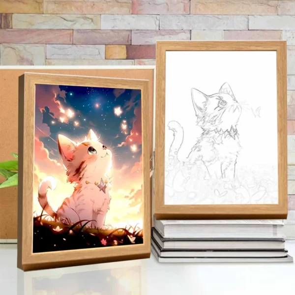 Cute Cat Light Painting Picture Frame Kawaii Led Night Light Home Bedside Table Room Decor Friends Kids Birthday Gifts Moon Lamp - Image 2