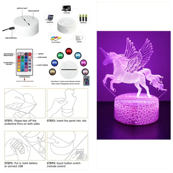 Anime 3D Lamp Unicorn LED Night Light RGB Color Changing Touch Child Nightlight Kid Toy Room Bedroom Decor Valentine's Day Gifts - Image 6
