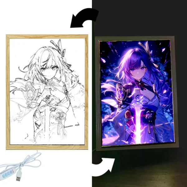 Anime Figure Genshin Impact Light Painting Photo Frame Raiden Shogun Action Led Night Light Room Decor Christmas Gift Moon Lamp - Image 2