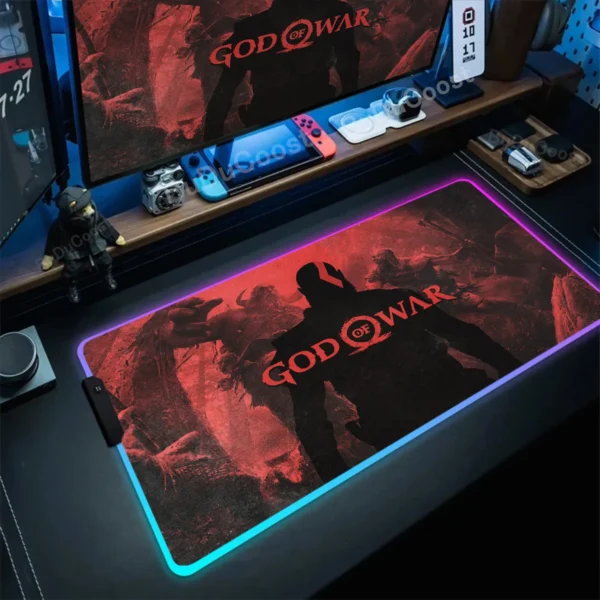 Gaming God Of War LED Backlight Mousepad Large Gamer RGB Keyboard Desk Mats Non-Slip Natural Rubber Carpet Xxl Glowing Mouse Pad - Image 2