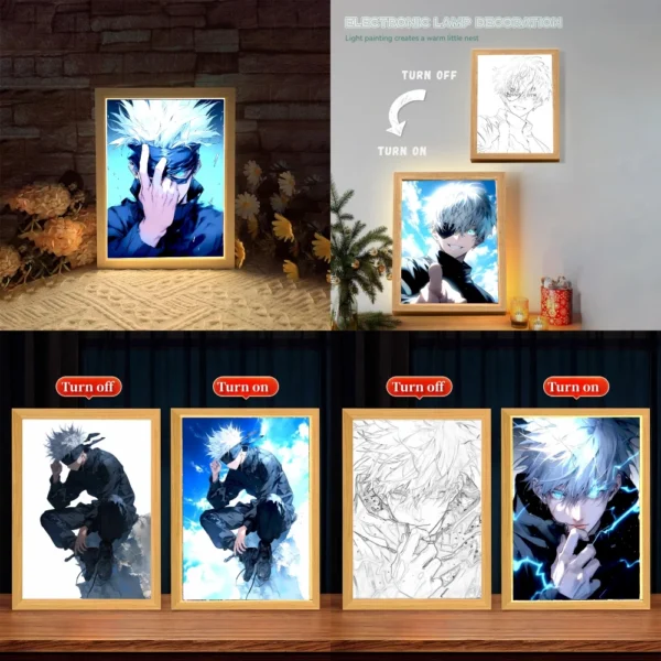 Anime Figure Jujutsu Kaisen Light Painting Photo Frame Action Figures Satoru Gojo Led Night Light Bedroom Decor Gifts Moon Lamp
