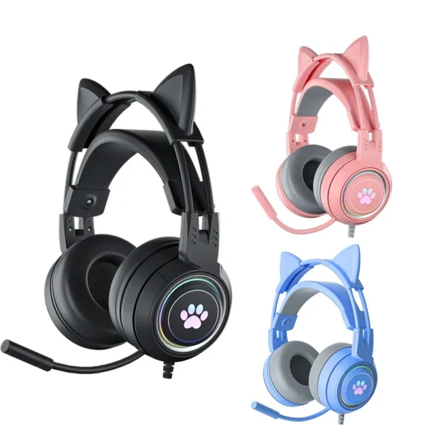 Cat Ears Headphones with Microphone For PS5 HiFi Stereo Bass Headset Gamer Girls RGB Black Pink Helmet for PC Laptop Phone Xbox