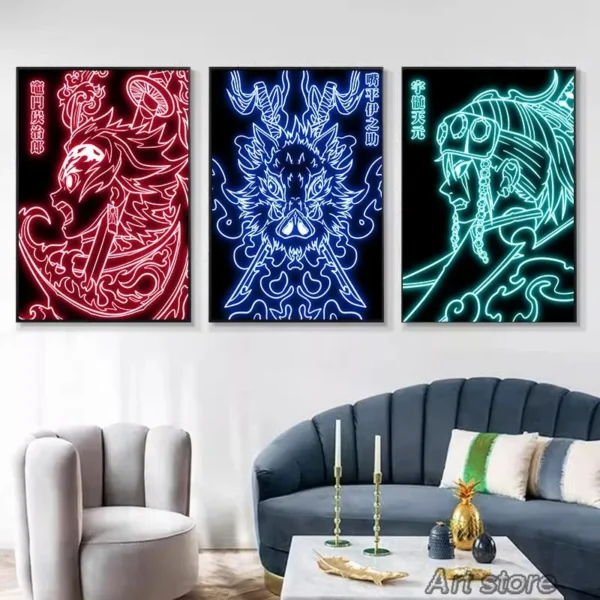 Neon Effect Japan Anime Demon Slayer Canvas Painting Tanjiro Nezuko Character Posters Wall Art Print Pictures for Room Decor - Image 3