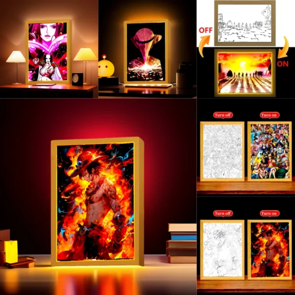 Anime Figure One Piece Light Painting Photo Frame Zoro Luffy Action Figures Led Night Light Room Decor Christmas Gifts Moon Lamp