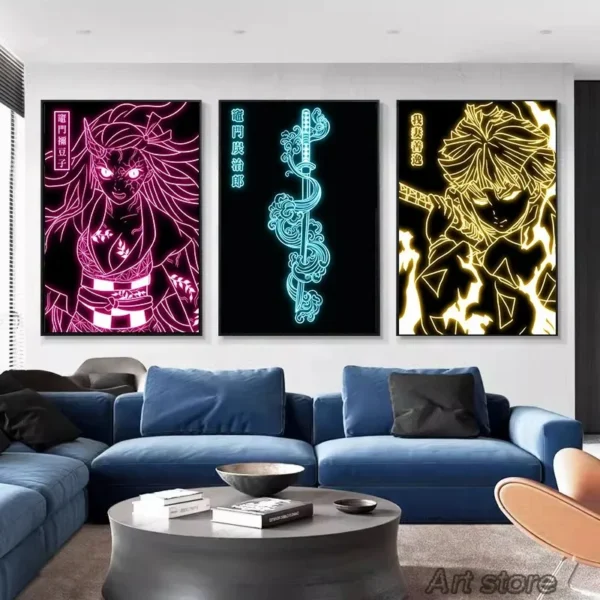 Neon Effect Japan Anime Demon Slayer Canvas Painting Tanjiro Nezuko Character Posters Wall Art Print Pictures for Room Decor - Image 2