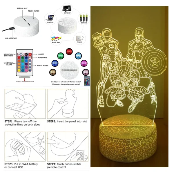 3D Lamps Anime Figure Spider-Man Led Night Light Action figure Captain American Nightlight Decor Lamp Room Kids Birthday Gifts - Image 6