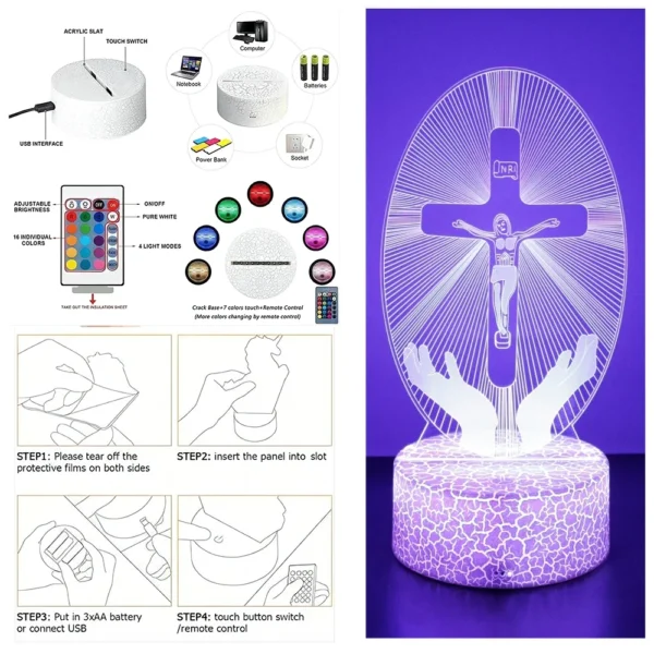 3D Lamp Jesus Cross LED Night Light Friends Xmas Easter Crucifix Optical Illusion Nightlight Table Lamps Room Decor Toys Gifts - Image 6