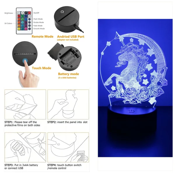 Anime 3D Lamp Unicorn LED Night Light RGB Color Changing Touch Child Nightlight Kid Toy Room Bedroom Decor Valentine's Day Gifts - Image 7