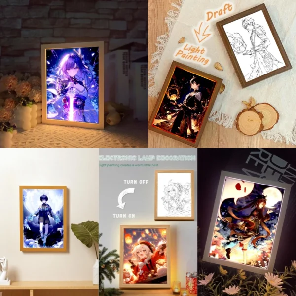 Anime Figure Genshin Impact Light Painting Photo Frame Raiden Shogun Action Led Night Light Room Decor Christmas Gift Moon Lamp