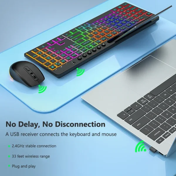 2.4G Wireless Keyboard and Mouse Combo with Tablet/Phone Holder RGB Backlit Full Size Ergonomic Keyboard for PC Laptop - Image 4