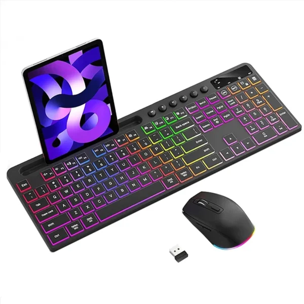 2.4G Wireless Keyboard and Mouse Combo with Tablet/Phone Holder RGB Backlit Full Size Ergonomic Keyboard for PC Laptop